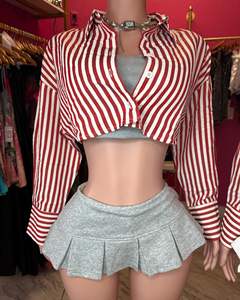Set gonna autunno 2 pezzi da donna abiti Sexy camicie <span class=keywords><strong>a</strong></span> <span class=keywords><strong>righe</strong></span> rosse con gilet <span class=keywords><strong>a</strong></span> maglia minigonna Casual 3 pezzi Set gonna per donna - Product Image 4