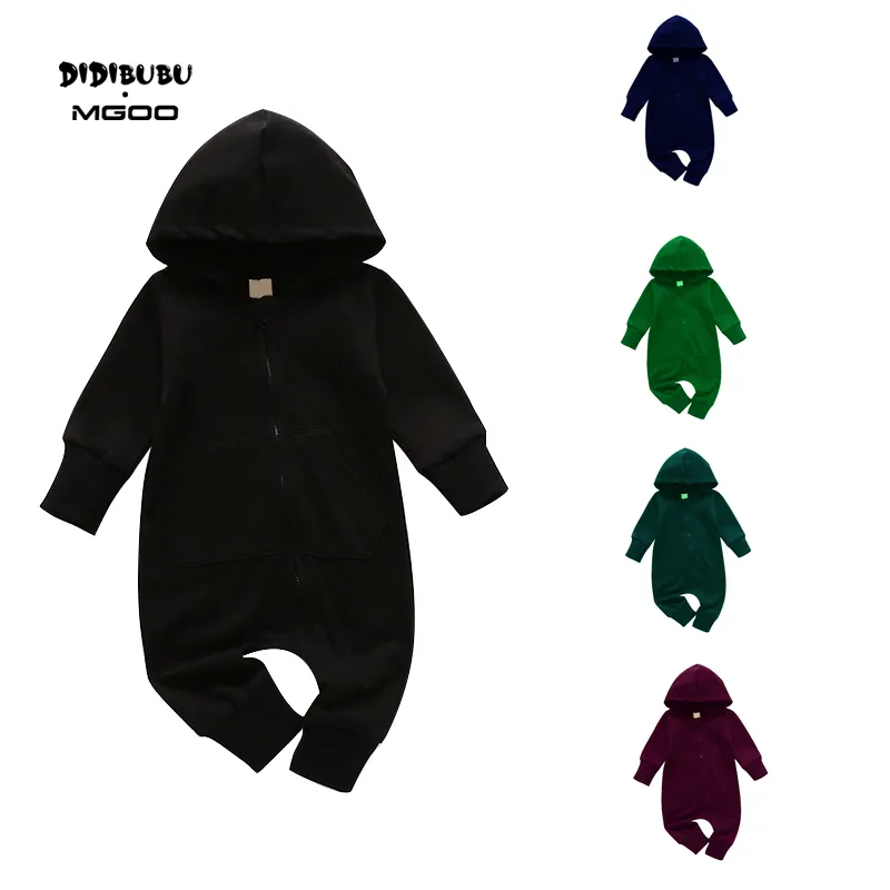 DIDIBUBU Silk Bamboo Cotton Baby Boy Solid Zip Up Hooded Black Jumpsuit Baby Rompers