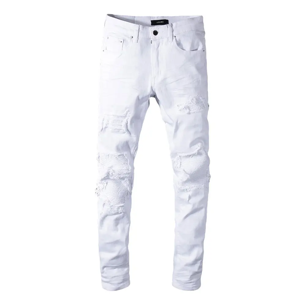 Pantalones vaqueros ajustados desgastados para hombre, Jeans de mezclilla con personalidad de calle, Color blanco, talla grande, rectos personalizados