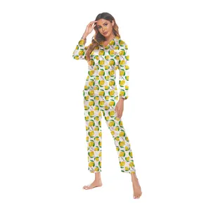 Conjuntos de pijama de seda cetim femininos, pijama de manga comprida roupa para dormir com 2 peças