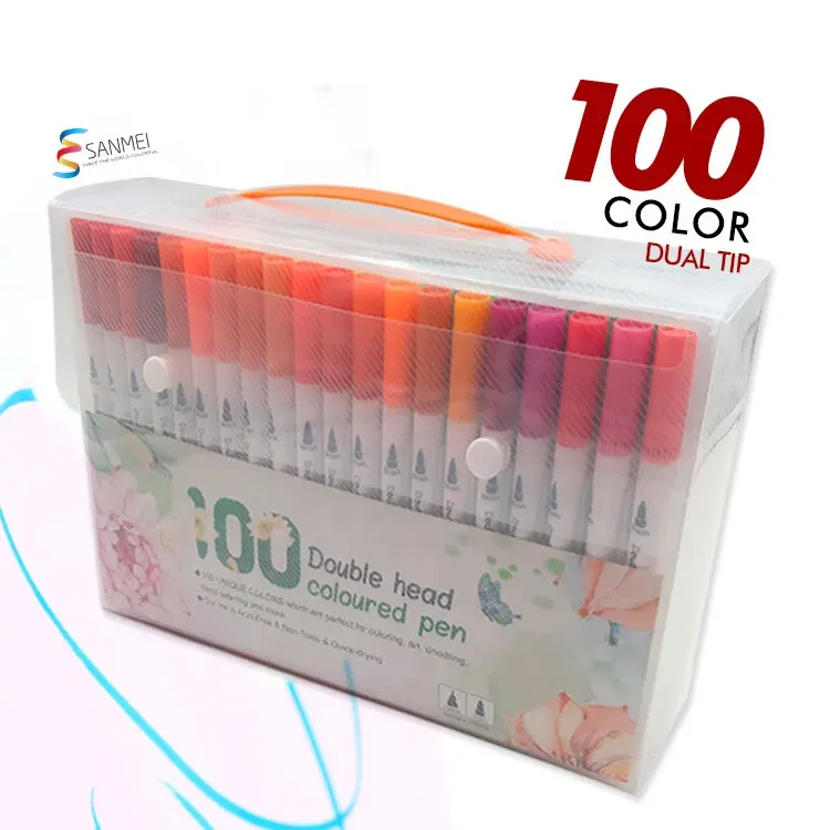 Non-toxic fast drying washable 100 colors dual tip water brush pen set for kids coloring sketching markers