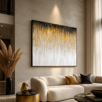 Nouvelle conception, peinture murale abstraite en relief avec feuille d'or, cascade or noir et argent sur toile pour la décoration d'hôtels et de salons