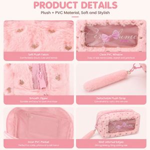 Custom <b>Plush</b> Makeup Bag with Clear PVC Window <b>Large</b> Capacity Cosmetic Pouch Pencil Case OEM ODM Factory Supplier - Product Image 3