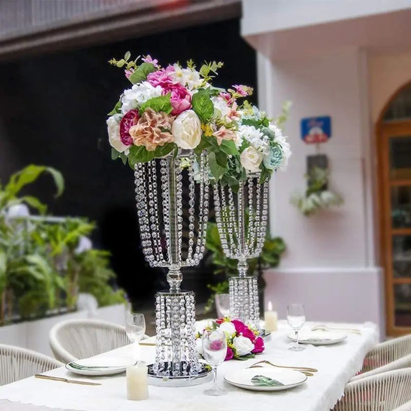 طاولة زفاف طويلة معدنية ذهبية مستديرة حامل زهرة من الزهور وزينة الطاولة