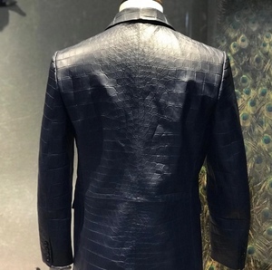 Men's Slim Fit Black Crocodile Leather <b>Jacket</b>, Turn-down Collar Single-Breasted Luxury Overcoat for Winter Formal Wear - Product Image 6
