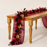 Taplak Meja Sutra Buatan Tangan Motif Bunga Merah Emas Mawar Dahlia Calla Lily Garland Vintage Dekorasi Pernikahan Prancis