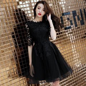 Black Chiffon A-Line Evening Dress High Neck 3D Lace Embroidery Natural Waistline For Birthday Party Graduation Annual Meeting - Product Image 1