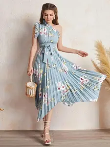 New Design 1 Shoulder Party Belted Pleated Dress Asymmetrical Hemline Floral Dress Women Dresses-