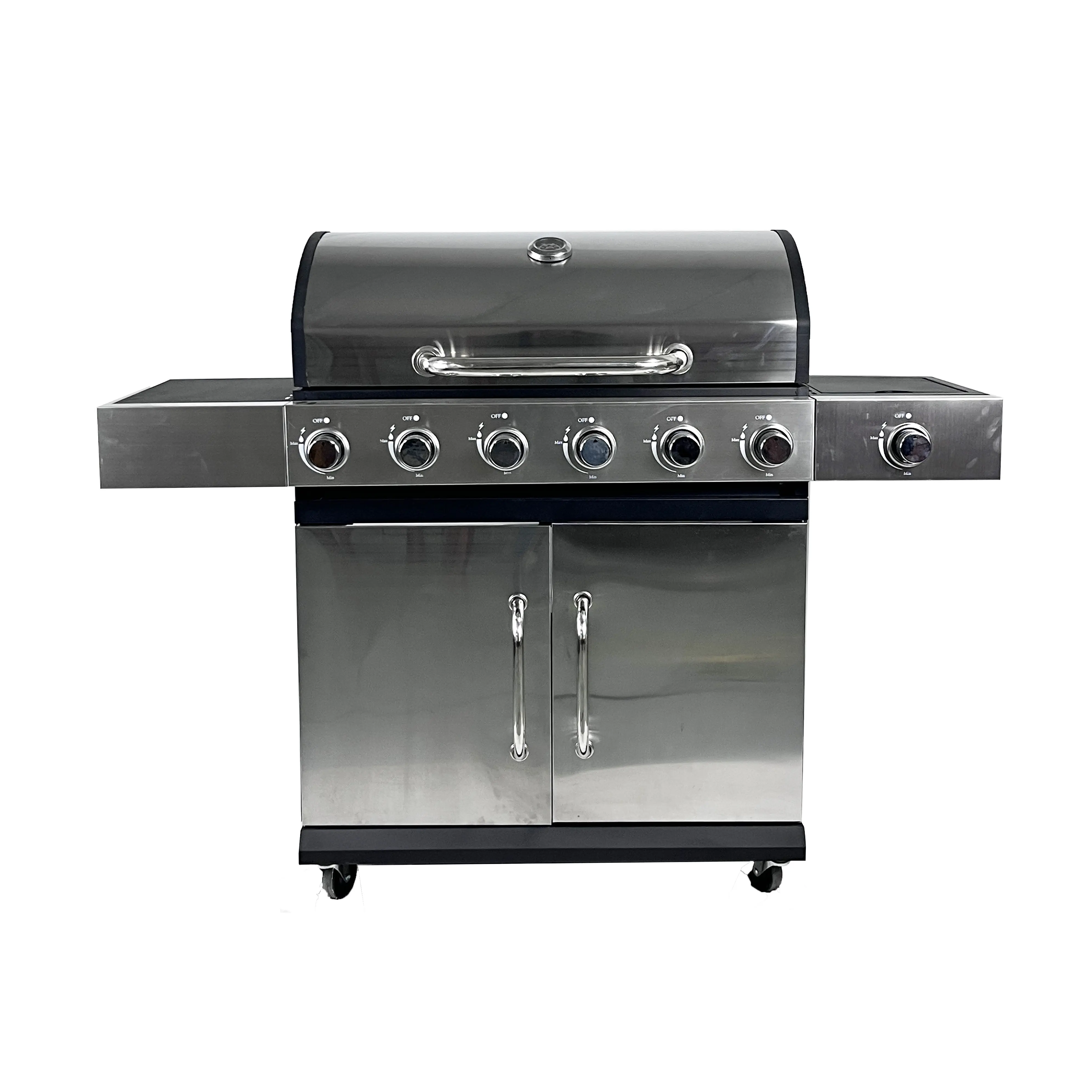 Commercial Stainless Steel Gas Barbeque Outdoor Gas Grill 6 Burner+1 Side Burner Gas BBQ Grill with Cabinets Wheels