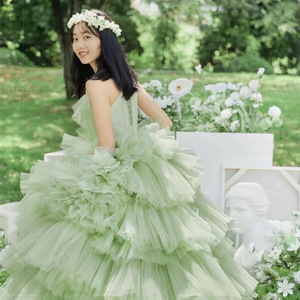 Ethereal Green Tulle Ball Gown Strapless Empire Waist Wedding Dress For Photography Portrait Sessions - Product Image 3