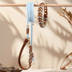 Maßgefertigtes Modernes Haustier-Leine-und-Halsband-Set Handgewebtes PU-Leder Geflochtenes Paracord mit Solidem Muster und Federdekoration - Product Image 5
