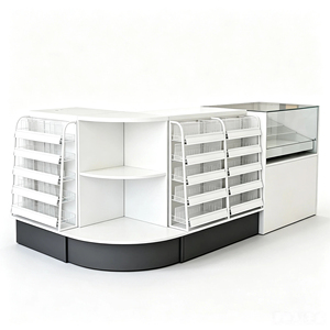 Konter Kasir Putih Modern dengan Rak Kawat Terintegrasi dan Desain Sudut Melengkung untuk Toko Swalayan - Product Image 1