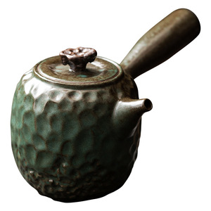 Théière en céramique à motif martelé émaillé en pierre bleue avec poignée latérale et couvercle, forme irrégulière, pour service à thé Kung Fu, usage domestique - Product Image 5