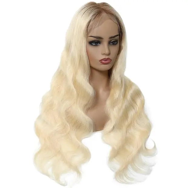 180 density super long inch body wave glueless curly ombre 613 blonde human hair full frontal lace wig