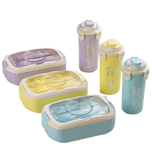 H01 Wholesale Children Cartoon Design Plastic Bento <b>Lunch</b> Box Kids <b>Lunch</b> Box <b>Set</b> With Water Bottle pink - Product Image 1