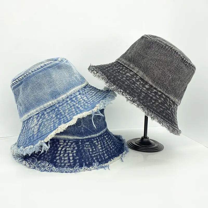 Cappello da donna Denim Hole in cotone lavato Jeans con nappa cappello da pescatore Bob con cappello da secchiello Hip Hop Gorros