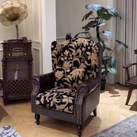 Blumen-Tiger-Stuhl im Französischen Retro & Amerikanischen Stil Stoff-Leder Hochlehner Wohnzimmerstuhl mit Massivholzbeinen Wohnmöbel