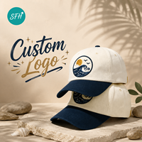 Casquette de baseball réglable à six panneaux, style 'Dad Cap', bicolore, avec motif circulaire de paysage marin (coucher de soleil, vagues, oiseaux), personnalisable ODM, pour voyages en bord de mer et surf