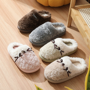 New Winter Pearl Bow Women's Warm Slippers Couple Home Bedroom Hairy Floor Mop - Product Image 3
