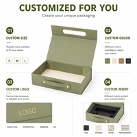 Boîte cadeau pliable de luxe vert sauge avec fermeture magnétique et poignée, personnalisable avec logo, style mallette rigide