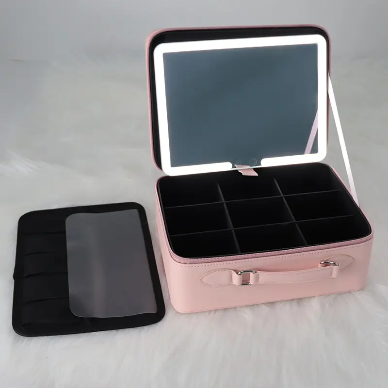 portable makeup case bag mirror with led light beauty case travel make up bag mirror with light personal logo