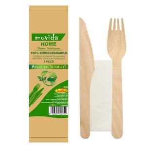 Set di Tre Forchette e Coltelli in Legno con Tovaglioli Organici, Posate Monouso - Product Image 1