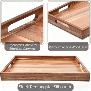 Plateau en bois 43 * 30 * 4 cm, plateau de service en bois d'acacia avec poignée pour le petit-déjeuner, le dîner, la table basse ou le pouf - Product Image 5