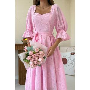 Vestido de Organza Rosa Bordado con Cuello Cuadrado, Estilo Vintage, Hecho a Mano, para Eventos Nocturnos, Cintura Natural - Product Image 1