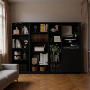 Ensemble de bibliothèque modulaire moderne noir en 4 pièces, meubles de salon en bois, étagère avec dossier, design minimaliste - Product Image 2