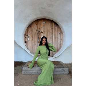 Robe de soirée plissée Mirela verte en satin polyester, taille empire, manches courtes, longueur ras du sol, taille XL, pour fêtes et bals de promo - Product Image 3