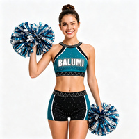 Ensemble Crop Top et Short de Cheerleading Personnalisé pour Filles, en Polyester Imprimé, Bleu Turquoise et Noir, avec Strass Brillants, Vente en Gros
