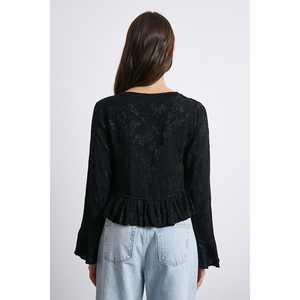 เสื้อเบลาส์คอวีแต่งระบายผ้าชีฟองสีดำสำหรับผู้หญิงสไตล์ลำลองทุกวัน - Product Image 1