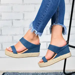 Sandal Wedge wanita dan wanita, sepatu Retro sol jerami tali ganda dengan hak Wedge