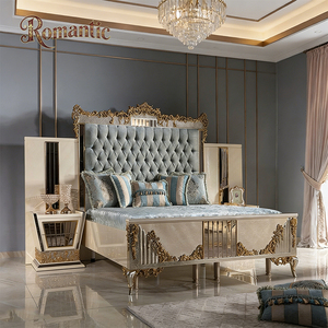 Opulento Juego de Cama <span class=keywords><strong>Barroco</strong></span> Turco con Incrustaciones de <span class=keywords><strong>Espejo</strong></span>, Mesitas de Noche Tapizadas en Beige y <span class=keywords><strong>Dorado</strong></span> Incluidas, Muebles de Dormitorio de Lujo - Product Image 3