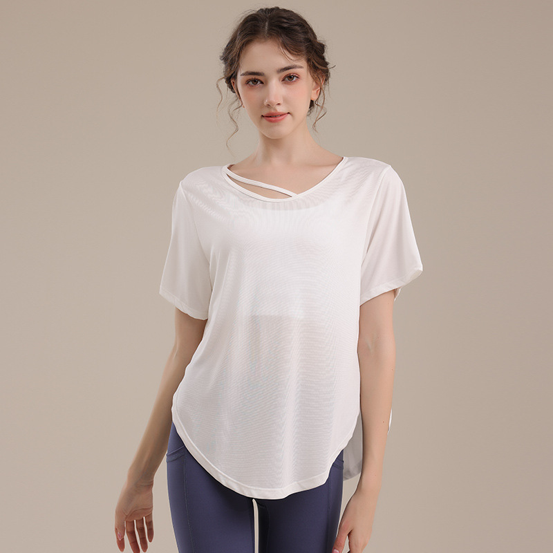 Summer Loose Sports Blouse Women's Yoga Short-sleeved T-shirt Thin Breathable Sweat-absorbent Spandex/Nylon Solid Top Running