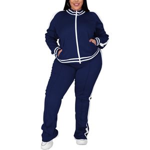 FOXA Women's Plus Size Jogging Suit 2 Piece Track <b>Set</b> Navy Blue Side Stripe Sweatshirt Pants Outfit - Product Image 1