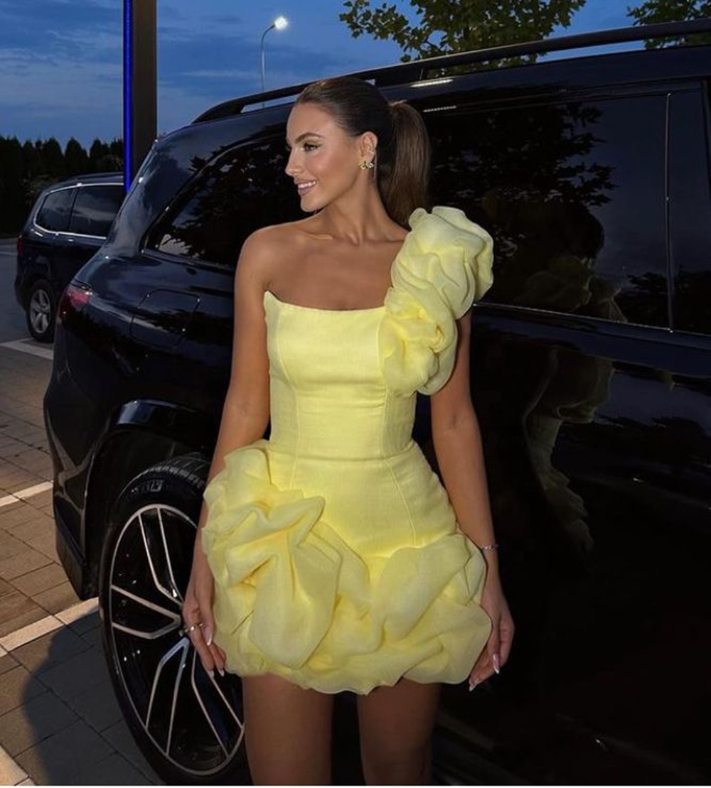 yellow birthday dress Little Party Dress, Homecoming Dress, Princess Dress, Short Sleeve Bridesmaid Dress,custom Made Birthday Girl Yellow Mini Party Dress Body Vestidos De Gala Luxury Yellow
