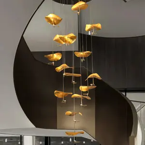 Lumance moderno nuovo lampadario di lusso villa duplex scala led plafoniera foglia di loto lampadario in rame