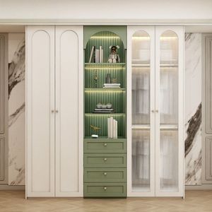 Armoire moderne crème et verte avec éclairage LED et portes vitrées, <span class=keywords><strong>meuble</strong></span> <span class=keywords><strong>de</strong></span> rangement écologique et peu encombrant pour chambre à coucher - Product Image 1