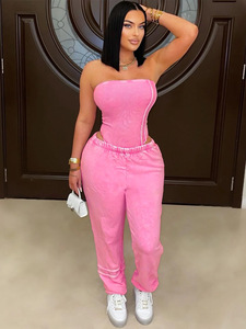 Y1435 Wholesale Fashion Washed, Worn, <strong>Strapless</strong>, Slim Fit, <strong>Loose</strong> <strong>Fitting</strong>, Foot Binding Two-piece Set - Product Image 4