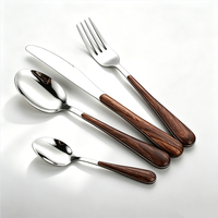 Juego de Cubiertos de Acero Inoxidable 430 con Mango de Imitación Madera, Acabado Pulido Espejo, Cuchillo, Tenedor y Cuchara, 4 Piezas para Restaurante