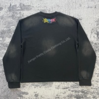 T-shirt vintage à col rond et manches longues pour homme, noir délavé, en coton gaufré 100 %, avec logos imprimés DTG entièrement personnalisés en usine MT1558