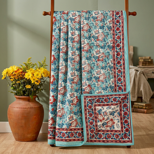 Premium Indigo Floral Cotton Dohar Reversible Quilt Cover Printed <b>Bedspread</b> <b>Double</b> Sided Home Use - Product Image 2