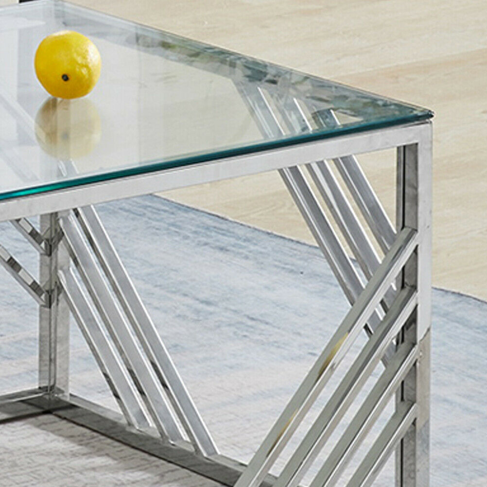 Customized Nordic Style Furniture Sliver Steel Clear Tempered Glass Top Small Coffee Table