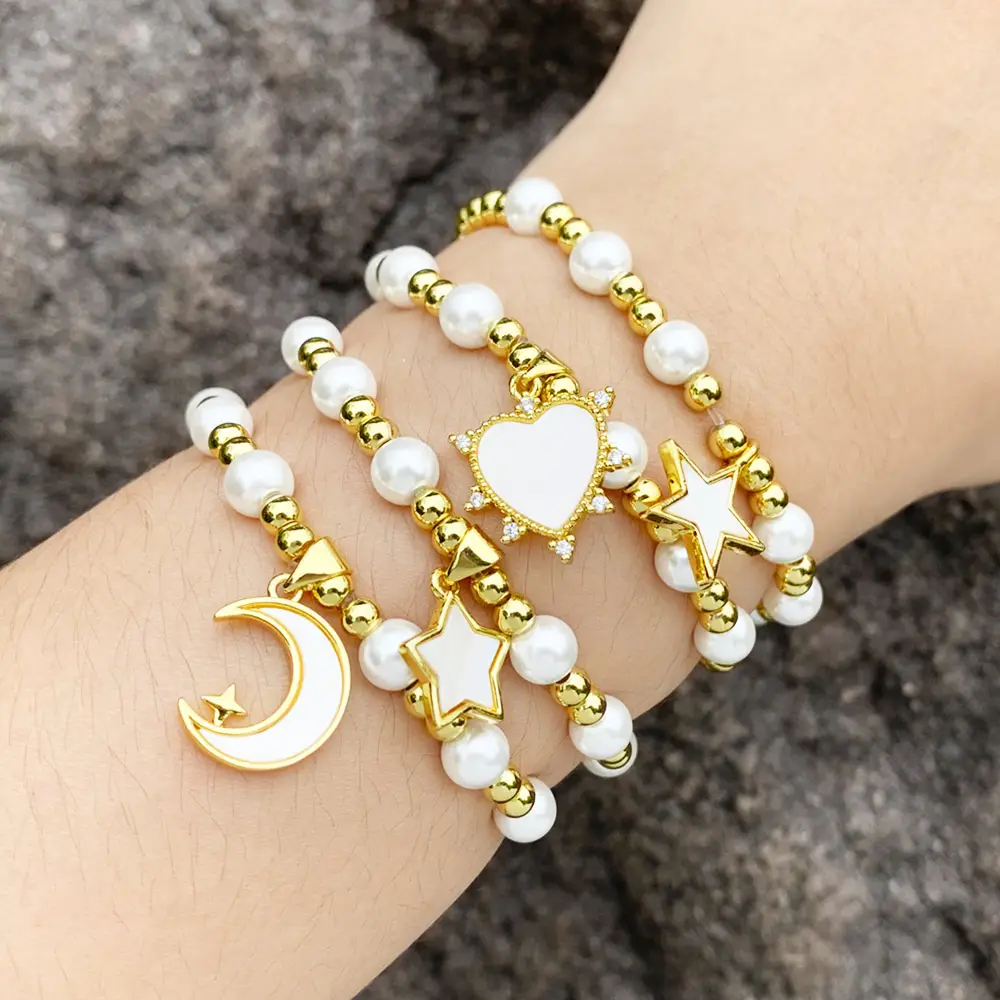 Zircon Shell Heart Star Moon Bracelet for Women High Quality Imitation Pearl 18K Gold Plated Brass Bead Elastic Chain Bracelet