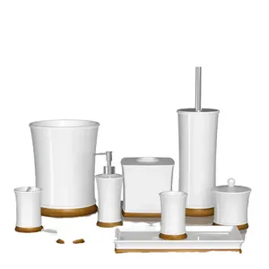 Morden simple design white ceramic bathroom decor sets wooden bathroom accessories