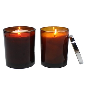 Vaso di candela di lusso in <span class=keywords><strong>vetro</strong></span> ambrato lucido <span class=keywords><strong>Vintage</strong></span> con coperchio in legno rivestimento personalizzato vasi di candele color marrone ambra per la fabbricazione di candele - Product Image 4