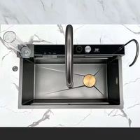 Évier de cuisine moderne noir mat en acier inoxydable 304 à cuve unique avec robinet cascade, à poser sur comptoir, multifonctionnel – Meilleures ventes