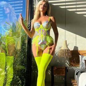 Factory Wholesale Floral Body Lingerie With <strong>Stocking</strong> See Through Embroidery Lace Women Underwear Sexy Bra Panty Set Exotic - Product Image 1