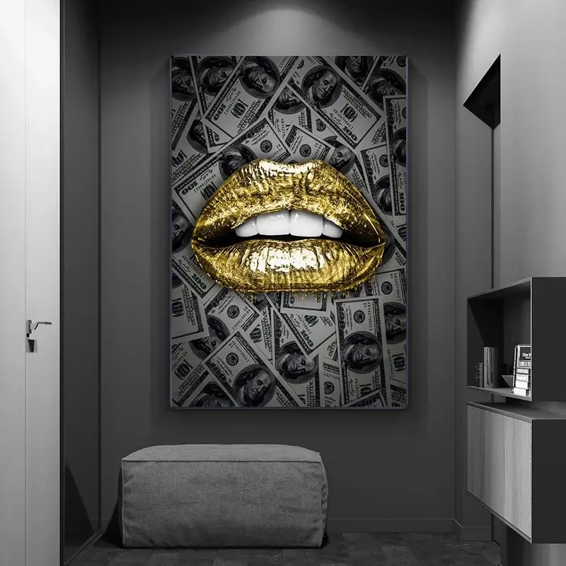 Funtuart moderno HD decoración del hogar abstracto oro y labios plateados pintura al óleo lienzo carteles arte de pared impresiones personalizadas